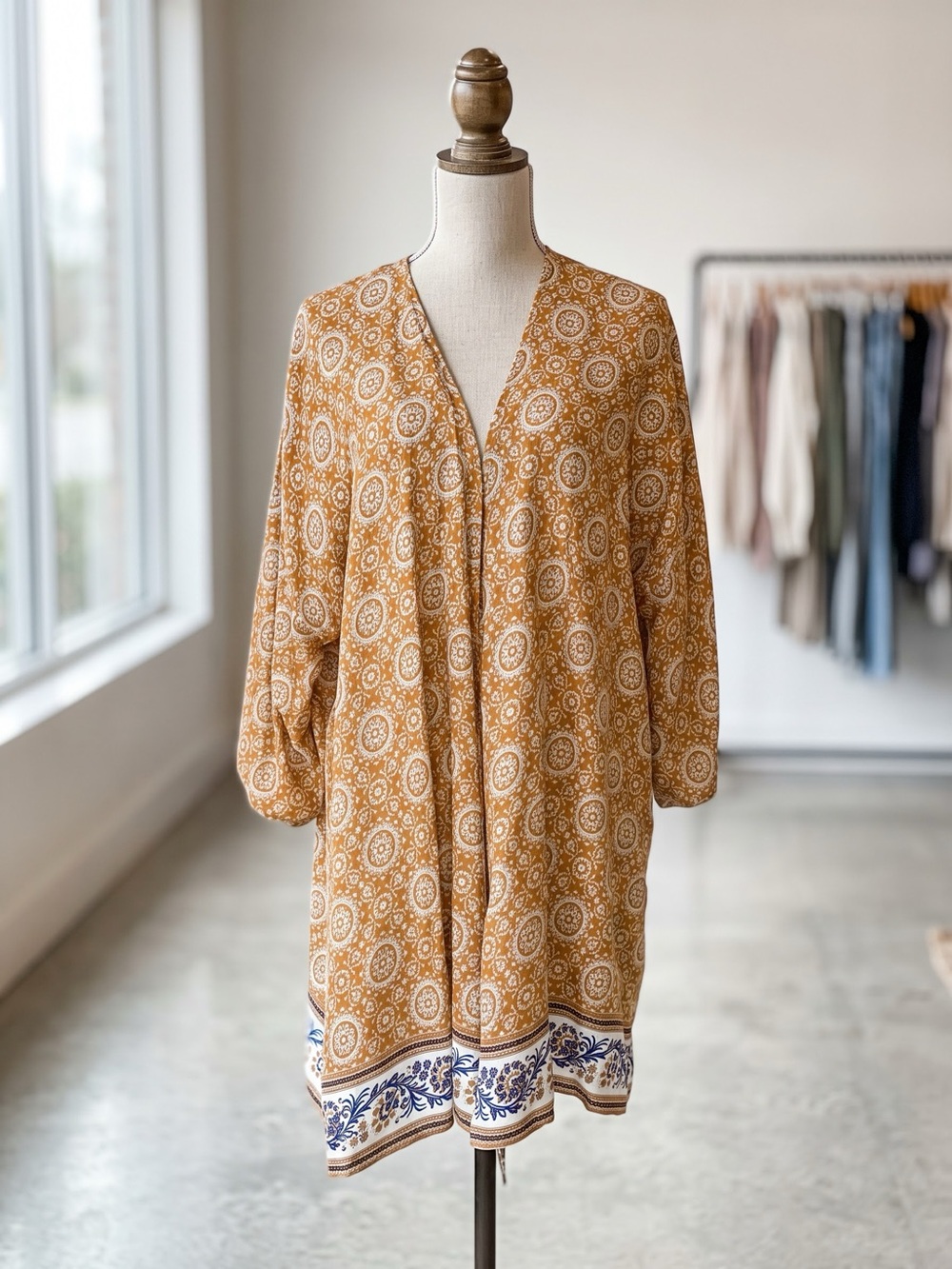 Golden Mustard Medallion Print Open Cardigan with Blue Border